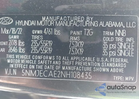 2022 Hyundai Tucson Limited из США, поврежденный, VIN 5NMJECAE2NH108435